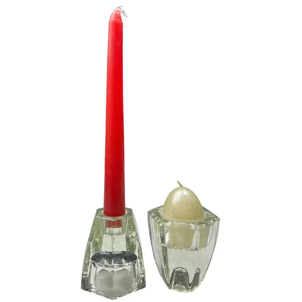 Vtg Pair Reversible Candle Holders Clear Glass Dual Taper Votive Table Wedding